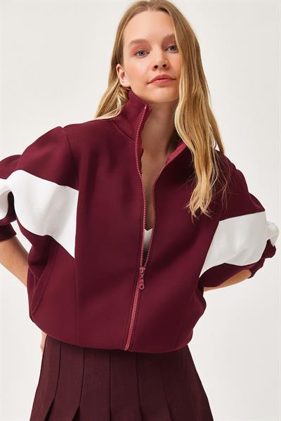 Oversize Fermuar Detaylı Garnili Sweatshirt Bordo