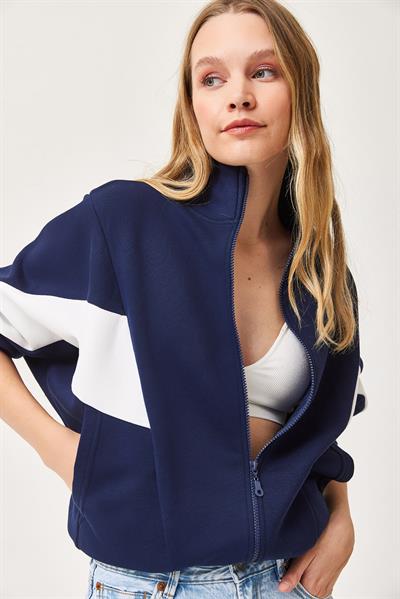 Oversize Fermuar Detaylı Garnili Sweatshirt Lacivert