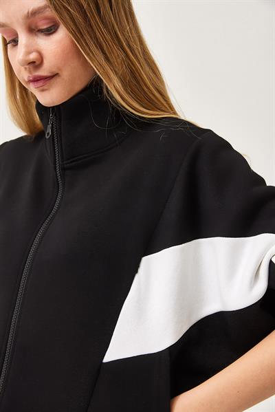 Oversize Fermuar Detaylı Garnili Sweatshirt Siyah
