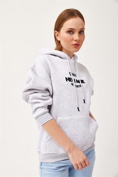Oversize Kapüşonlu Kanguru Cepli Sweatshirt Gri