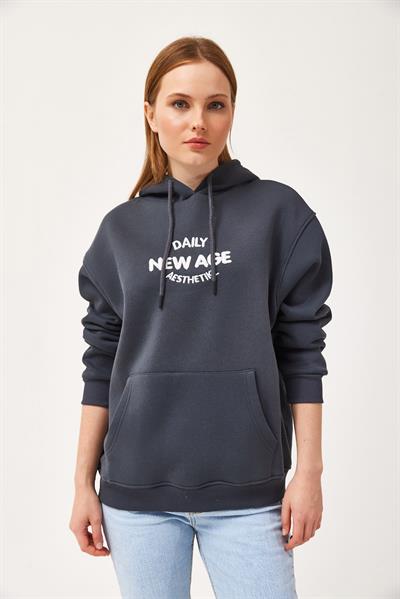 Oversize Kapüşonlu Kanguru Cepli Sweatshirt Antrasit