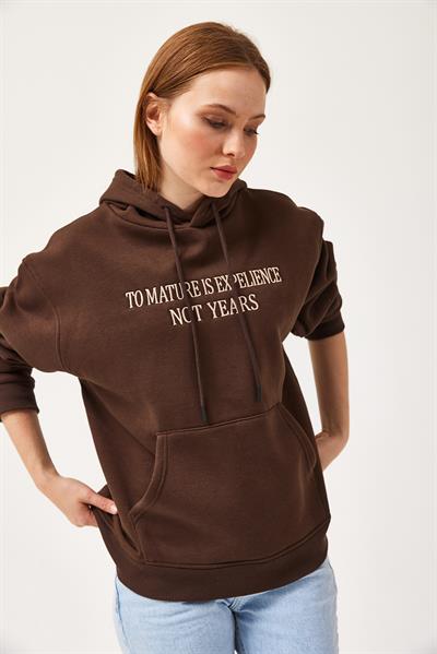 Oversize Kapüşonlu Kanguru Cepli Sweatshirt Kahverengi
