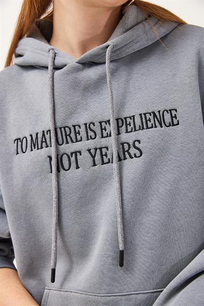 Oversize Kapüşonlu Kanguru Cepli Sweatshirt Füme