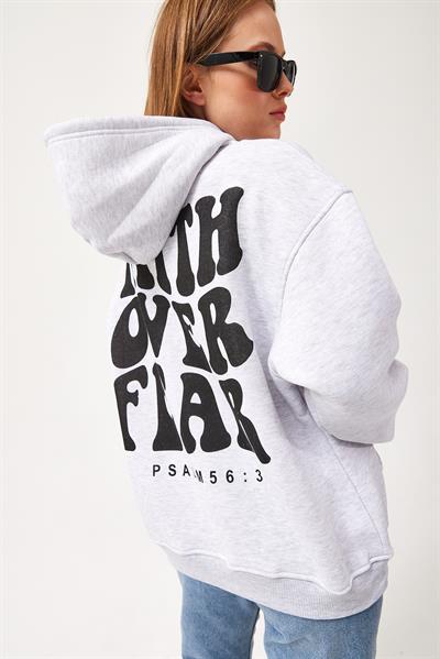 Oversize Kapüşonlu Kanguru Cepli Sweatshirt Gri