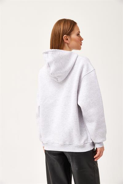 Oversize Kapüşonlu Kanguru Cepli Sweatshirt Gri