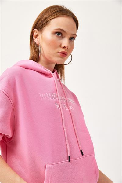 Oversize Kapüşonlu Kanguru Cepli Sweatshirt Pembe