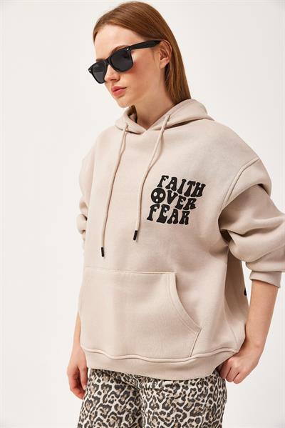 Oversize Kapüşonlu Kanguru Cepli Sweatshirt Bej