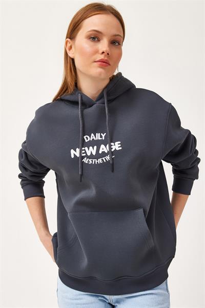 Oversize Kapüşonlu Kanguru Cepli Sweatshirt Antrasit