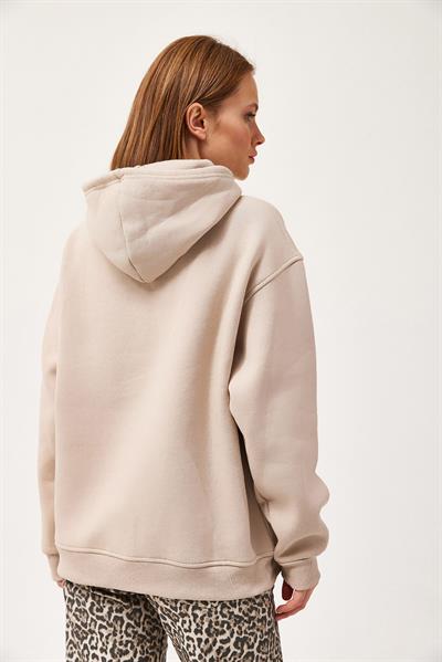 Oversize Kapüşonlu Kanguru Cepli Sweatshirt Bej
