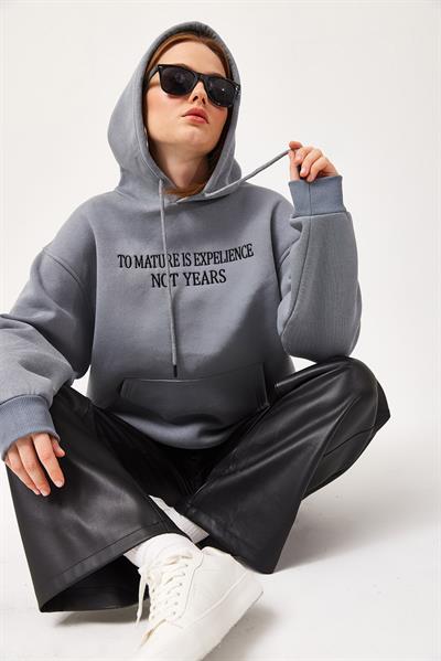 Oversize Kapüşonlu Kanguru Cepli Sweatshirt Füme