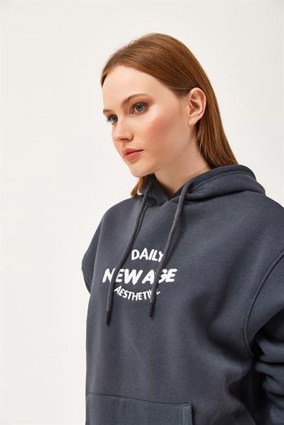 Oversize Kapüşonlu Kanguru Cepli Sweatshirt Antrasit