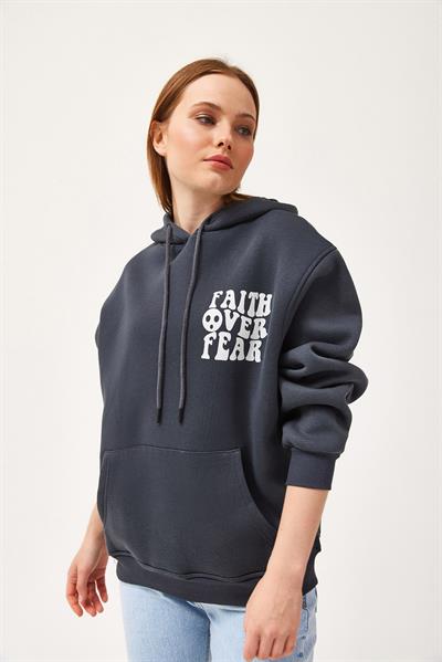 Oversize Kapüşonlu Kanguru Cepli Sweatshirt Antrasit