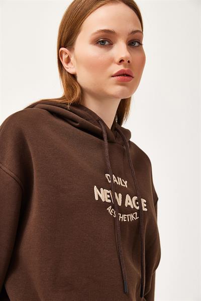 Oversize Kapüşonlu Kanguru Cepli Sweatshirt Kahve