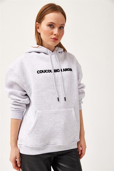 Oversize Kapüşonlu Kanguru Cepli Sweatshirt Gri
