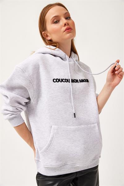 Oversize Kapüşonlu Kanguru Cepli Sweatshirt Gri
