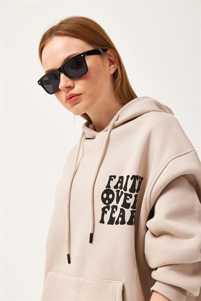 Oversize Kapüşonlu Kanguru Cepli Sweatshirt Bej