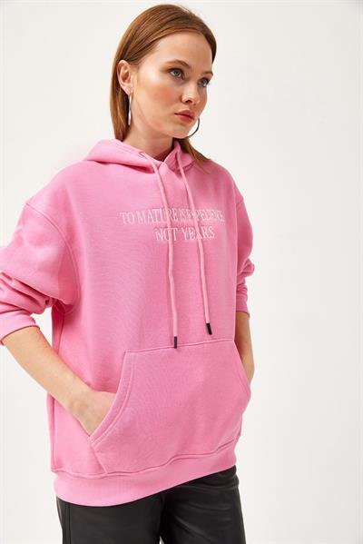 Oversize Kapüşonlu Kanguru Cepli Sweatshirt Pembe