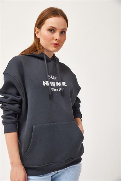 Oversize Kapüşonlu Kanguru Cepli Sweatshirt Antrasit
