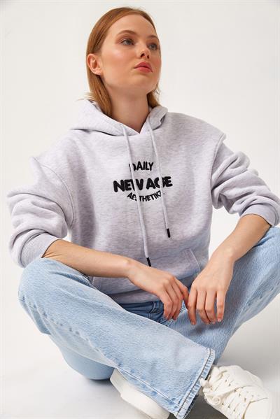 Oversize Kapüşonlu Kanguru Cepli Sweatshirt Gri