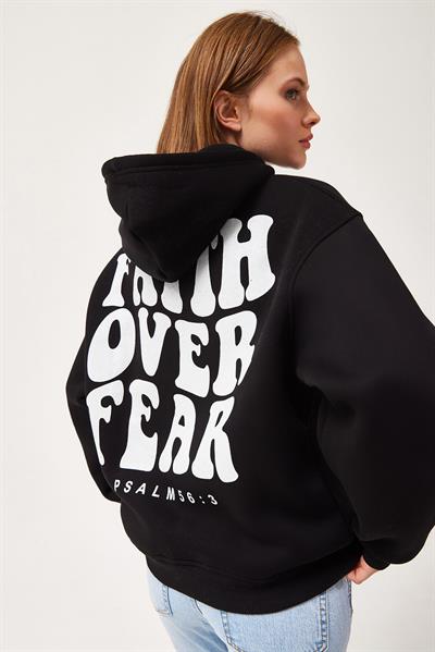 Oversize Kapüşonlu Kanguru Cepli Sweatshirt Siyah