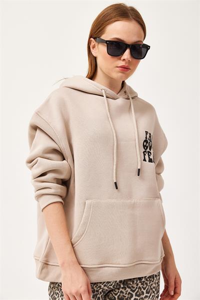 Oversize Kapüşonlu Kanguru Cepli Sweatshirt Bej