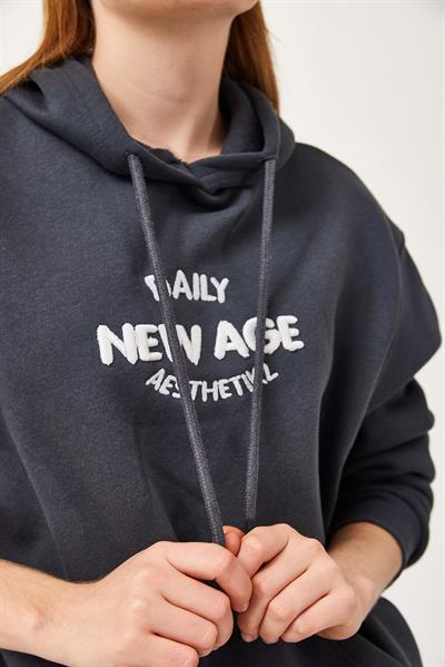 Oversize Kapüşonlu Kanguru Cepli Sweatshirt Antrasit