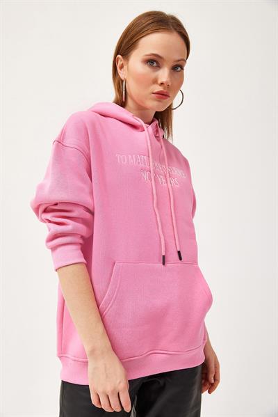Oversize Kapüşonlu Kanguru Cepli Sweatshirt Pembe