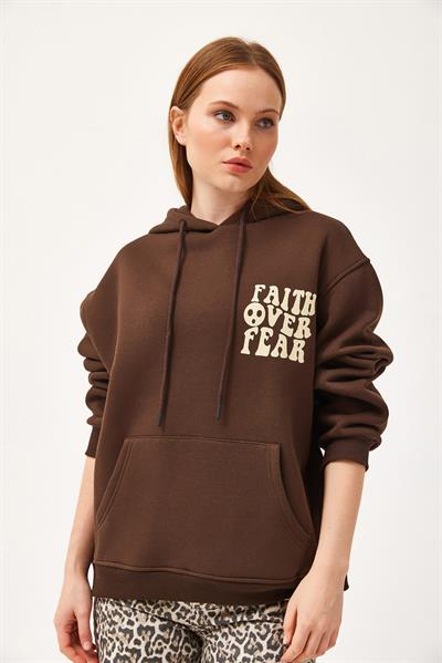 Oversize Kapüşonlu Kanguru Cepli Sweatshirt Kahverengi