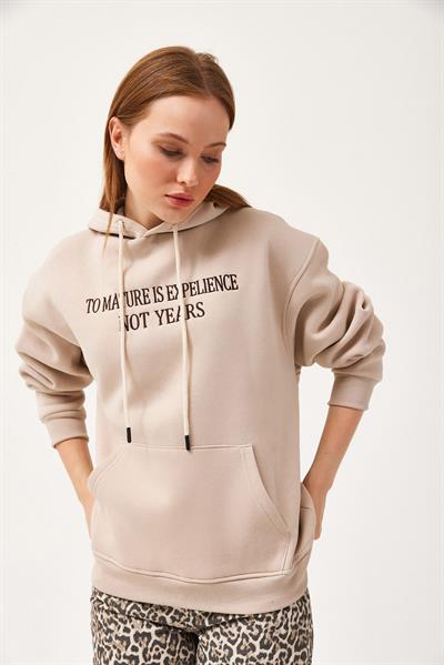 Oversize Kapüşonlu Kanguru Cepli Sweatshirt Bej