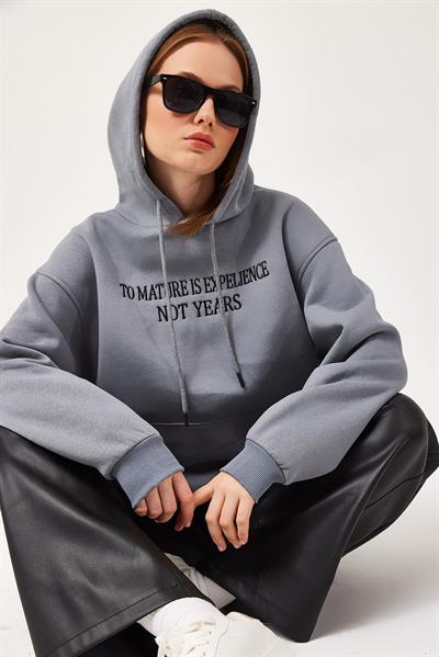 Oversize Kapüşonlu Kanguru Cepli Sweatshirt Füme