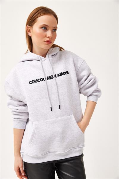 Oversize Kapüşonlu Kanguru Cepli Sweatshirt Gri
