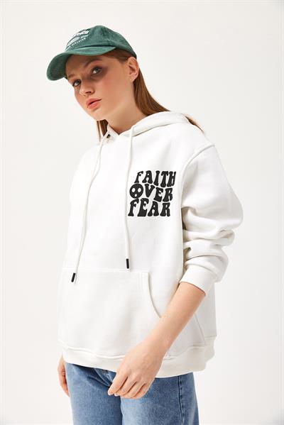 Oversize Kapüşonlu Kanguru Cepli Sweatshirt Beyaz