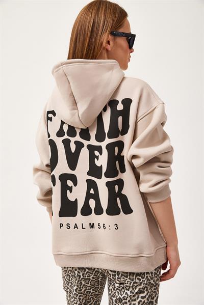 Oversize Kapüşonlu Kanguru Cepli Sweatshirt Bej