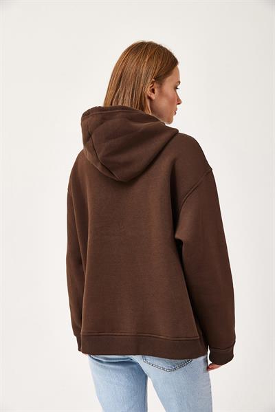 Oversize Kapüşonlu Kanguru Cepli Sweatshirt Kahverengi