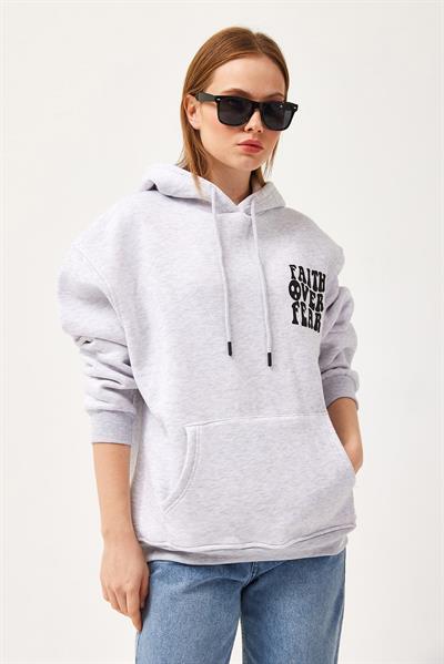 Oversize Kapüşonlu Kanguru Cepli Sweatshirt Gri