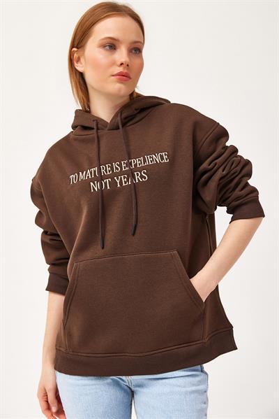 Oversize Kapüşonlu Kanguru Cepli Sweatshirt Kahverengi