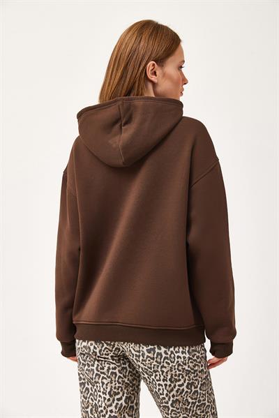 Oversize Kapüşonlu Kanguru Cepli Sweatshirt Kahve