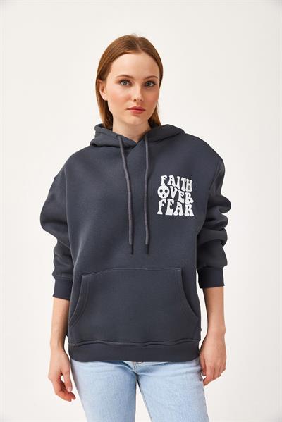 Oversize Kapüşonlu Kanguru Cepli Sweatshirt Antrasit