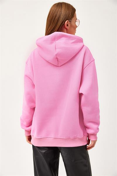 Oversize Kapüşonlu Kanguru Cepli Sweatshirt Pembe