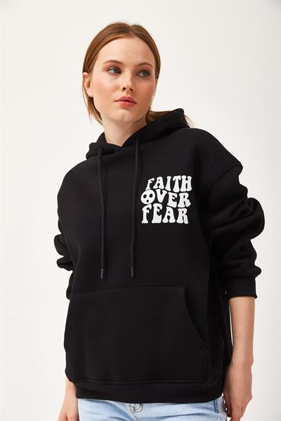 Oversize Kapüşonlu Kanguru Cepli Sweatshirt Siyah