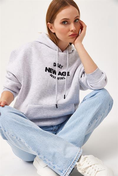 Oversize Kapüşonlu Kanguru Cepli Sweatshirt Gri