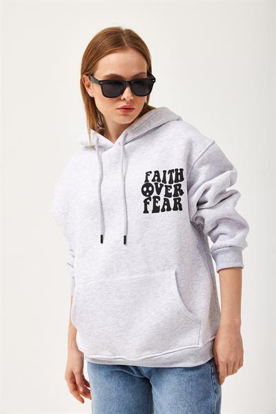 Oversize Kapüşonlu Kanguru Cepli Sweatshirt Gri