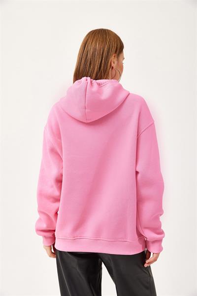 Oversize Kapüşonlu Kanguru Cepli Sweatshirt Pembe