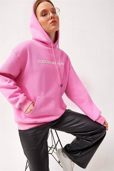 Oversize Kapüşonlu Kanguru Cepli Sweatshirt Pembe