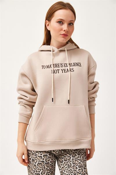 Oversize Kapüşonlu Kanguru Cepli Sweatshirt Bej