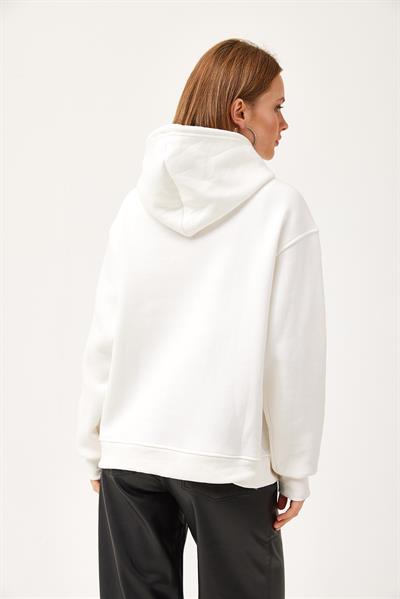 Oversize Kapüşonlu Kanguru Cepli Sweatshirt Beyaz