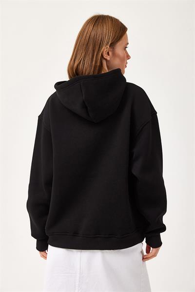 Oversize Kapüşonlu Kanguru Cepli Sweatshirt Siyah