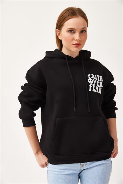 Oversize Kapüşonlu Kanguru Cepli Sweatshirt Siyah