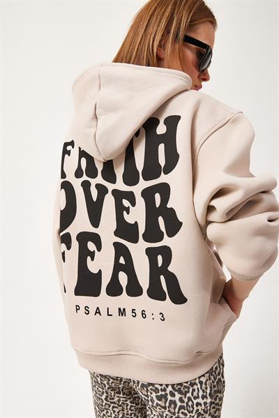 Oversize Kapüşonlu Kanguru Cepli Sweatshirt Bej