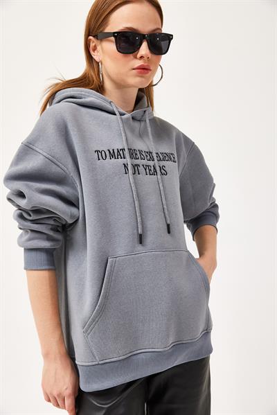 Oversize Kapüşonlu Kanguru Cepli Sweatshirt Füme